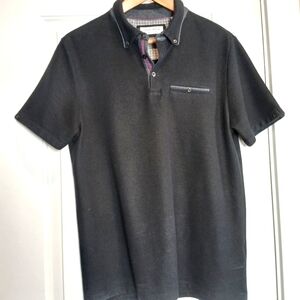 English Laundry Men's Black Polo Shirt, Size Medium, Purple Trim Button Accents